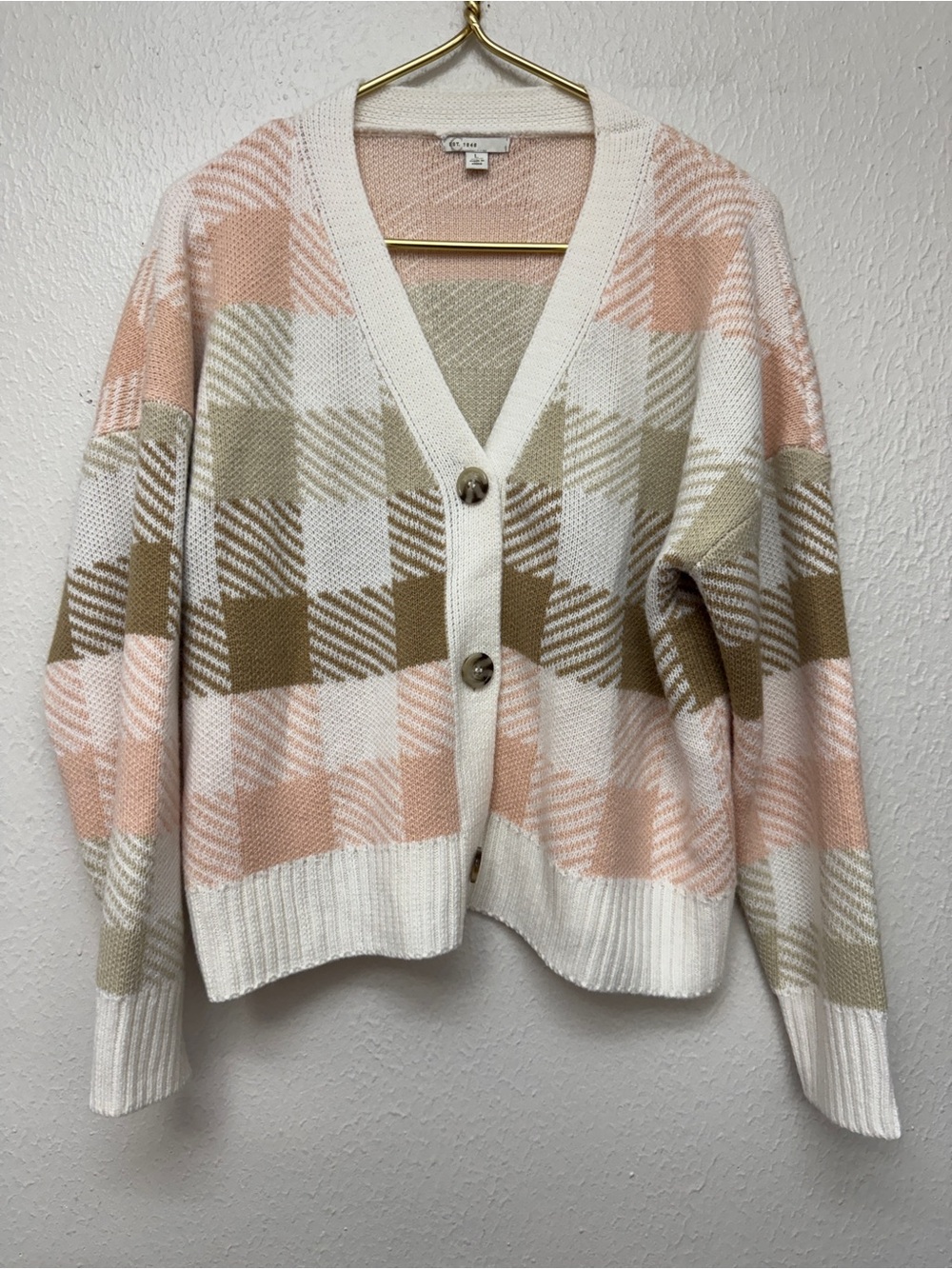 Cato Button-Front Plaid V-Neck Cardigan Sweater - Pink, Cream & Tan Large